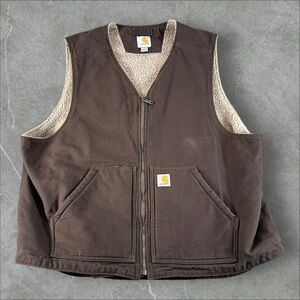 Carhartt Vest Mens XL Brown Duck Canvas Workwear Jacket Sherpa Lined 104394 DKB